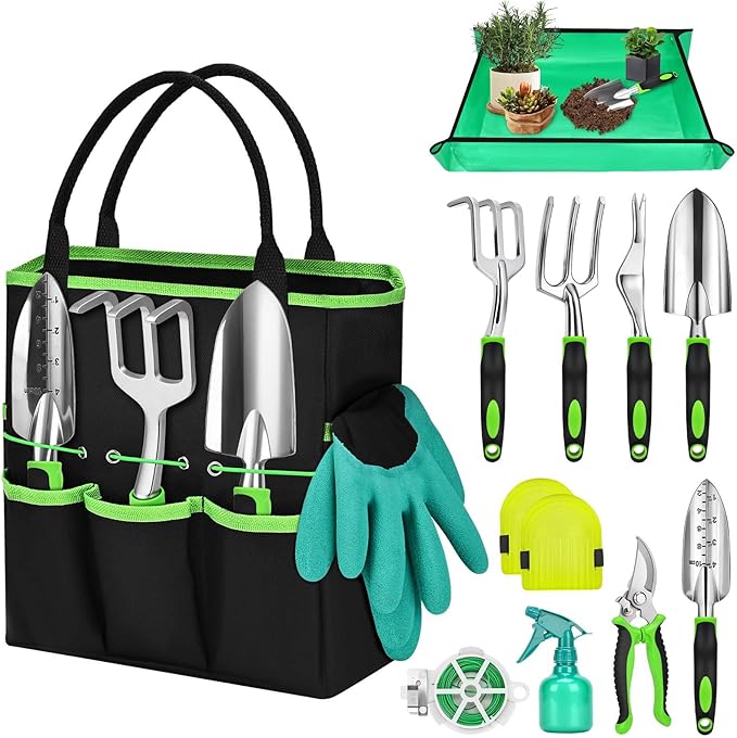 12-teiliges Gartenwerkzeug-Set mit Aufbewahrungstasche & Umtopfmatte – Robuste Gartengeräte für Frauen, Männer & Gartenfreunde