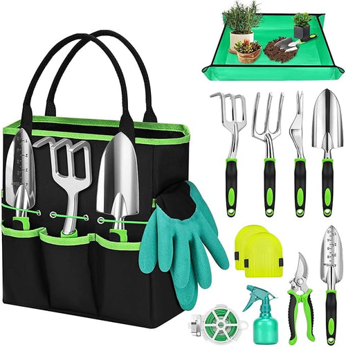 12-teiliges Gartenwerkzeug-Set mit Aufbewahrungstasche & Umtopfmatte – Robuste Gartengeräte für Frauen, Männer & Gartenfreunde