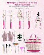 26-teiliges Gartenwerkzeug-Set mit Gummigriff & Tragetasche – Gartengeräte für Frauen & Männer, Geschenkidee