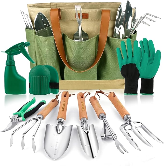 10-teiliges Gartenwerkzeug-Set aus Edelstahl mit Holzgriff – Rutschfest & Robust, Geschenkverpackung – Grün