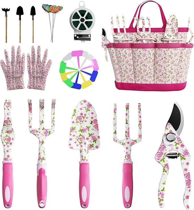 26-teiliges Gartenwerkzeug-Set mit Gummigriff & Tragetasche – Gartengeräte für Frauen & Männer, Geschenkidee